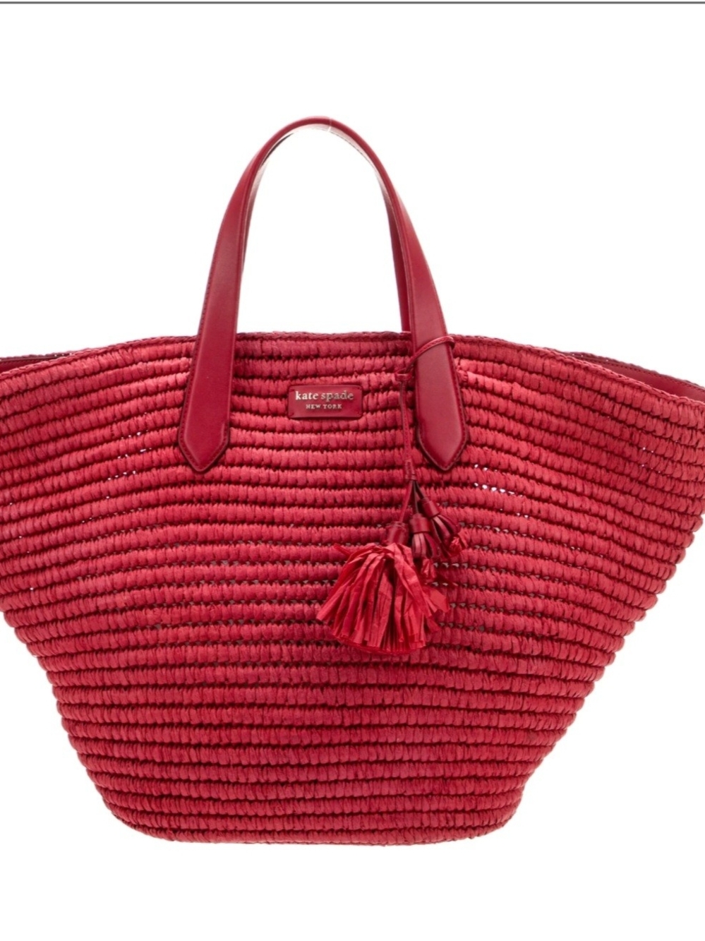 kate spade red woven raffia tote with tassel